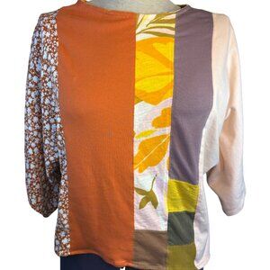 Upcycled Patchwork M Blouse Unique Retro Pink Purple Orange Oversize Autumn Top